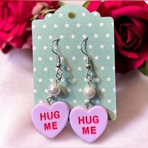Light Purple Hug Me Conversation Heart Dangle Pierced Earrings Beaded New